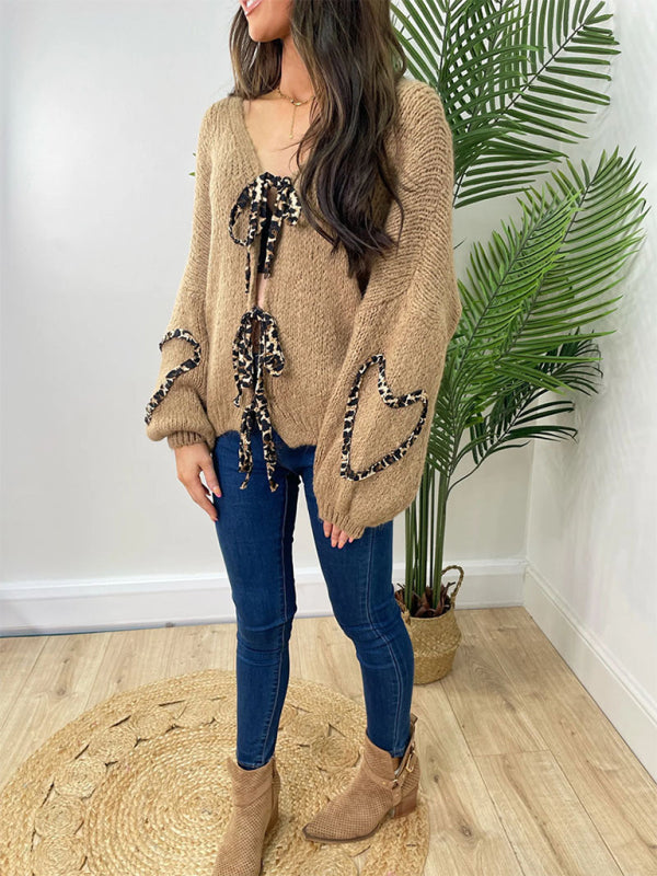 Animal Print Contrast Cardigan Tie Front Sweater Sweaters | Chuzko.com