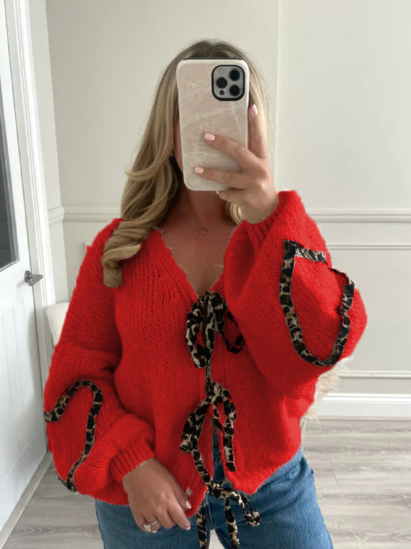 Animal Print Contrast Cardigan Tie Front Sweater Sweaters | Chuzko.com