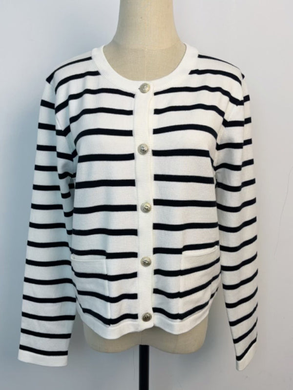 Classic Striped Cardigan Sweater with Golden Buttons Cardigans | Chuzko.com