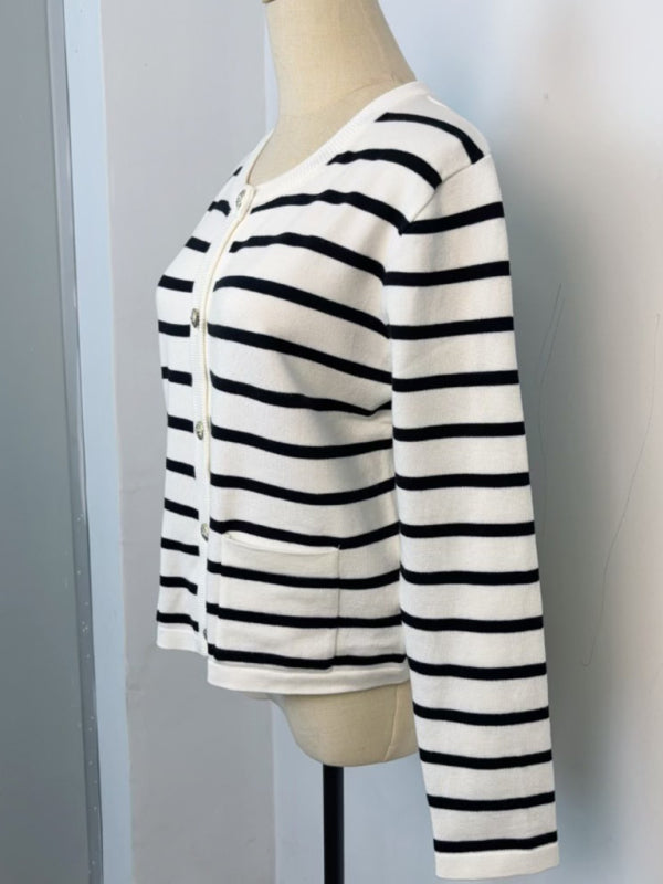 Classic Striped Cardigan Sweater with Golden Buttons Cardigans | Chuzko.com