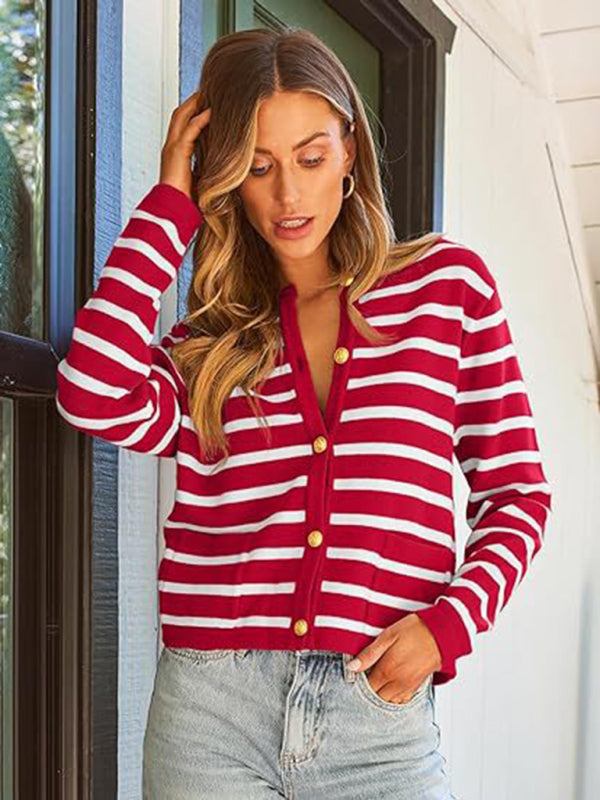 Classic Striped Cardigan Sweater with Golden Buttons Cardigans | Chuzko.com