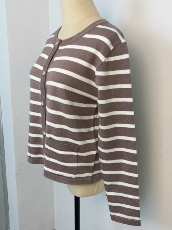 Classic Striped Cardigan Sweater with Golden Buttons Cardigans | Chuzko.com