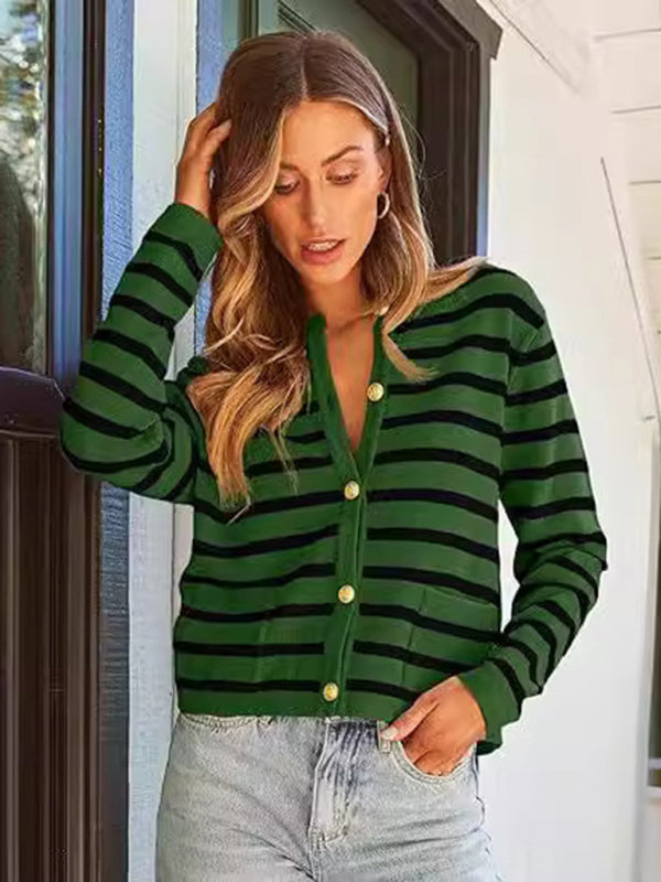 Classic Striped Cardigan Sweater with Golden Buttons Cardigans | Chuzko.com