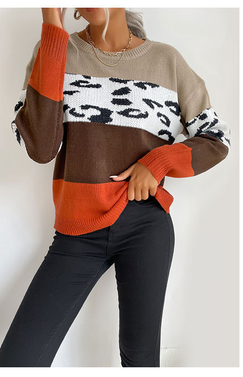 Color Block Leopard Knitted Pullover Sweater	