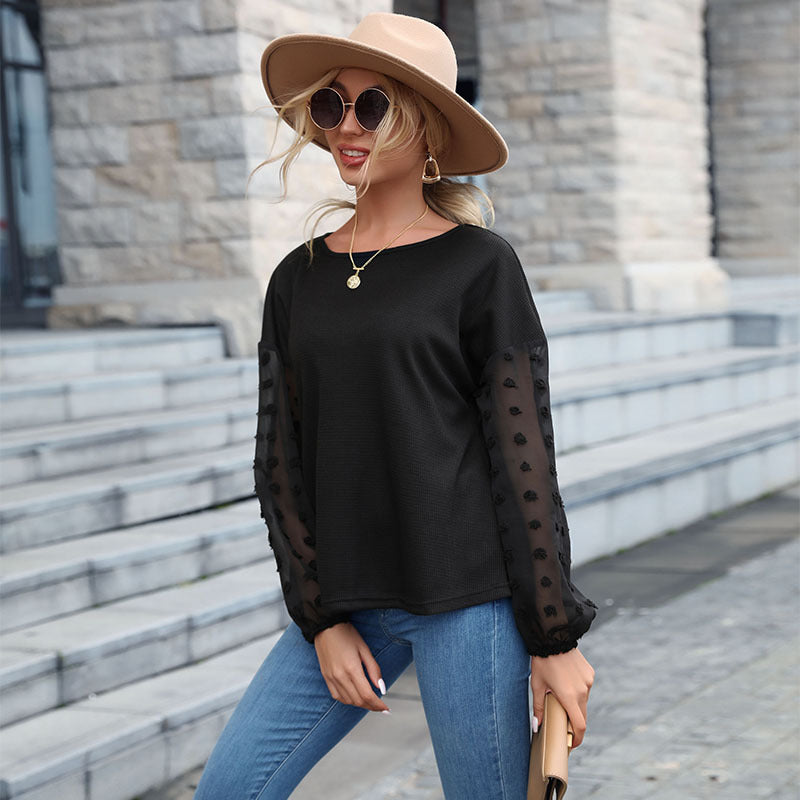 Solid Sheer Polka Dot Patch Sleeve Blouse Blouses | Chuzko.com