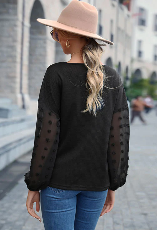 Solid Sheer Polka Dot Patch Sleeve Blouse Blouses | Chuzko.com