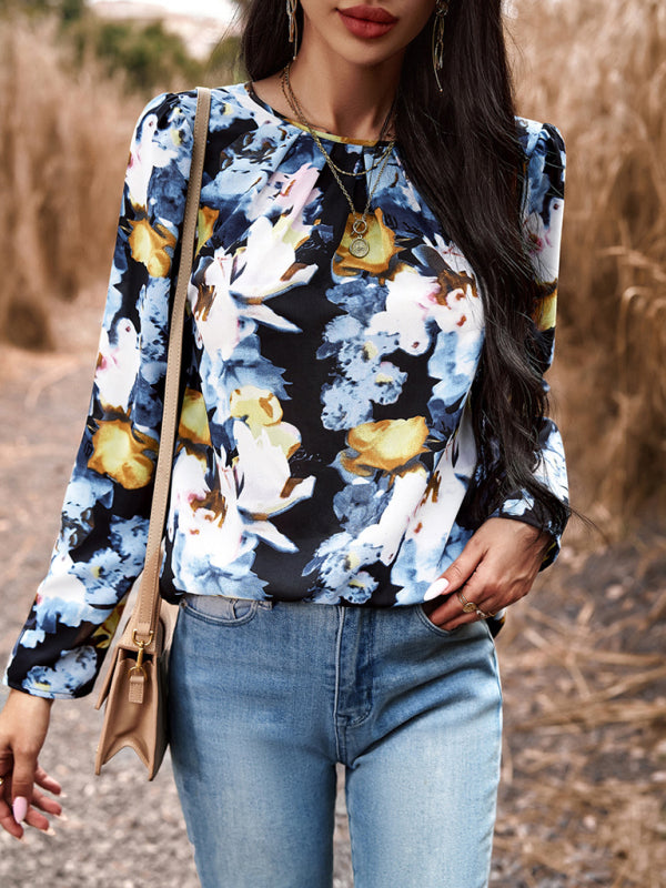 Floral Puff Long Sleeve V-open Back Blouse Blouses | Chuzko.com