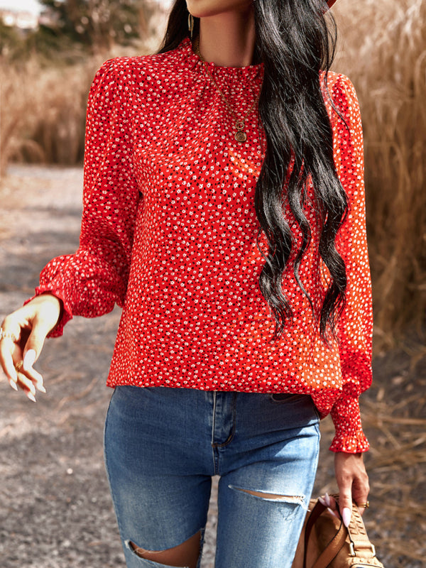 Floral High Ruffe Neck Long Sleeve Blouse Floral blouses | Chuzko.com