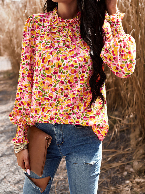 Floral High Ruffe Neck Long Sleeve Blouse Floral blouses | Chuzko.com