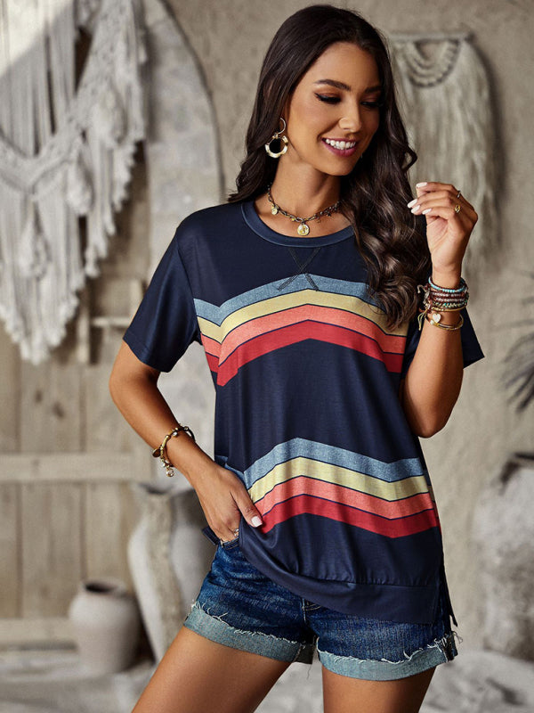 Rainbow Stripe Print Short Sleeve T-Shirt T-shirts | Chuzko.com