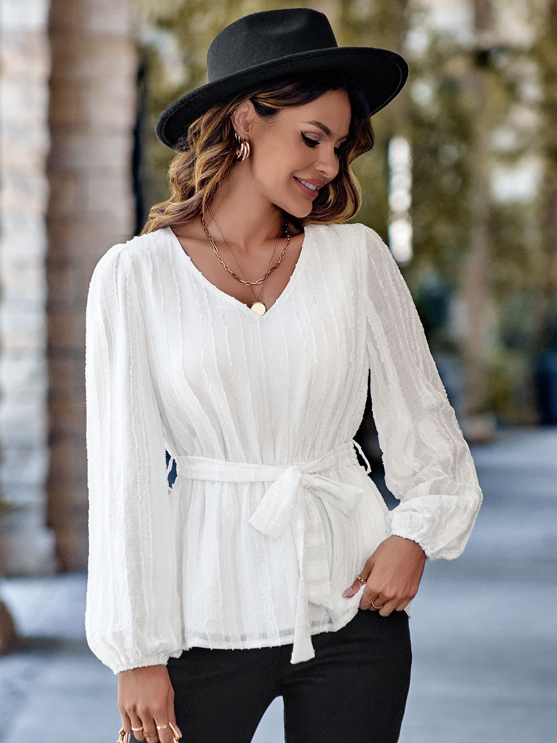 Textured Long Sleeve Belted Blouse Blouses | Chuzko.com