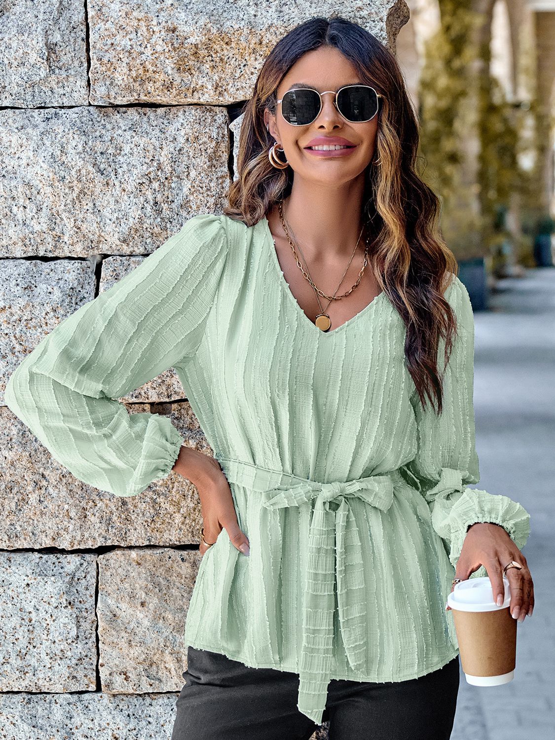 Textured Long Sleeve Belted Blouse Blouses | Chuzko.com