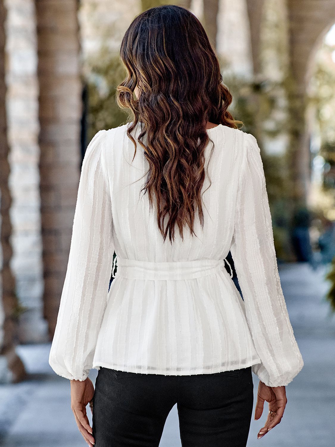 Textured Long Sleeve Belted Blouse Blouses | Chuzko.com