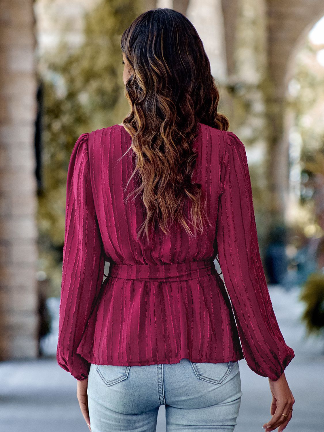 Textured Long Sleeve Belted Blouse Blouses | Chuzko.com