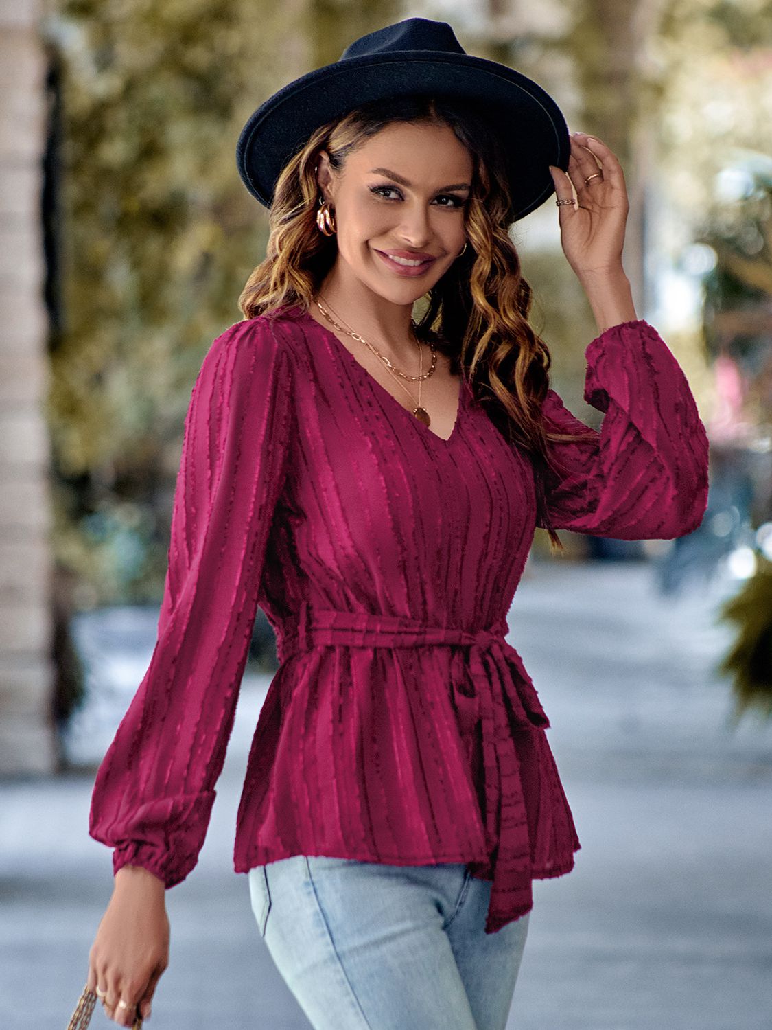 Textured Long Sleeve Belted Blouse Blouses | Chuzko.com