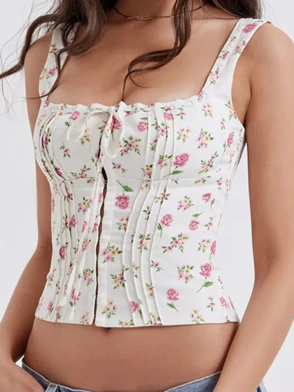 Floral Lace-Up Fitted Pleated Cami Top	