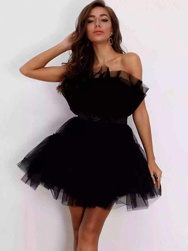 Elegant Mesh Ruffle Tube Mini Dress Tulle Dresses | Chuzko.com