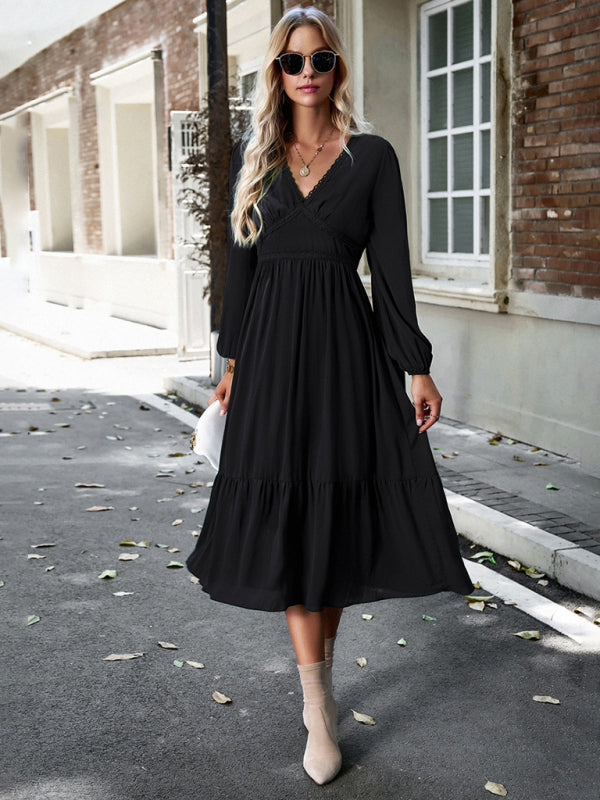 Solid Elegant Long Sleeve Tiered Lace V-Neck Midi Dress Midi | Chuzko.com