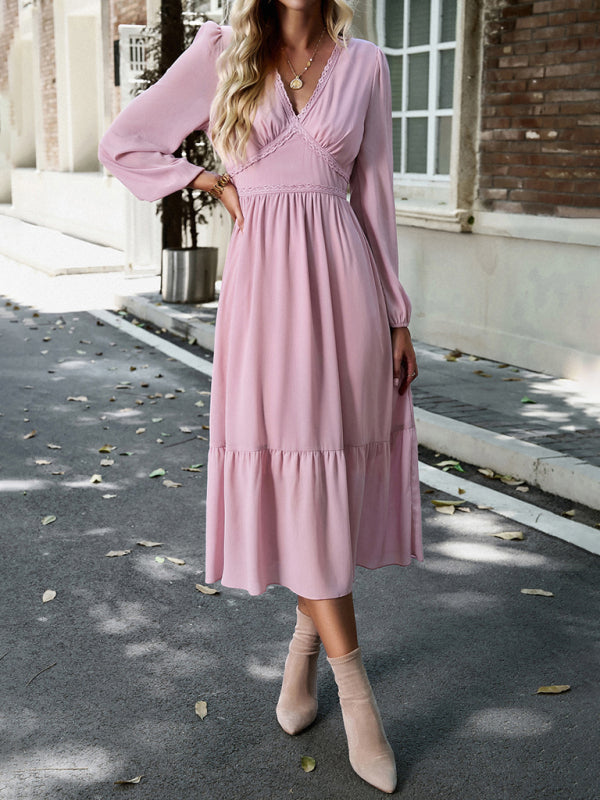 Solid Elegant Long Sleeve Tiered Lace V-Neck Midi Dress Midi | Chuzko.com