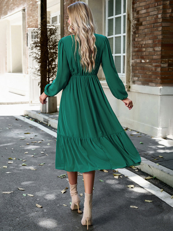 Solid Elegant Long Sleeve Tiered Lace V-Neck Midi Dress Midi | Chuzko.com