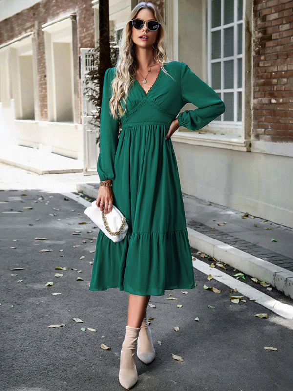 Solid Elegant Long Sleeve Tiered Lace V-Neck Midi Dress Midi | Chuzko.com