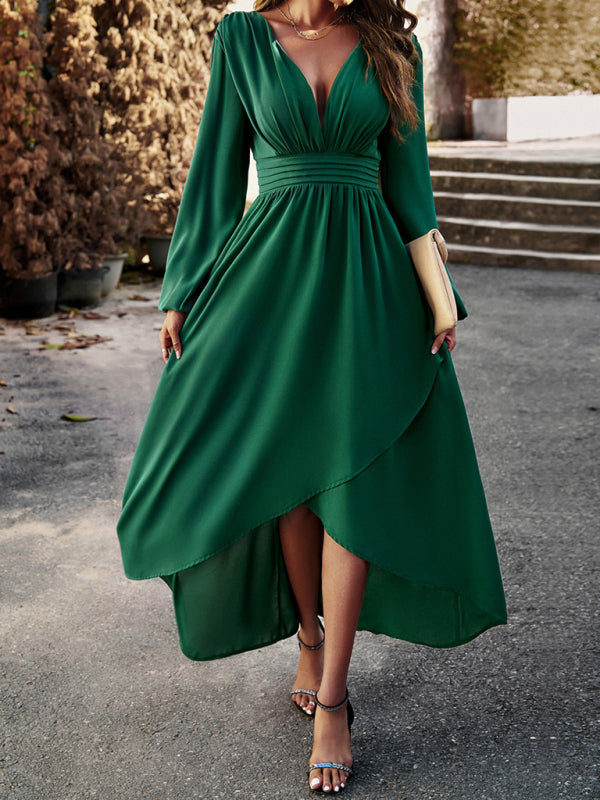 Elegant Long Sleeve Pleated Waist High-Low Dress Party dresses | Chuzko.com