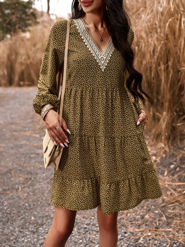 Floral Tiered Lace V-Neck Long Sleeve Flowy Mini Dress Tiered | Chuzko.com