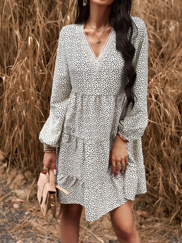 Floral Tiered Lace V-Neck Long Sleeve Flowy Mini Dress Tiered | Chuzko.com