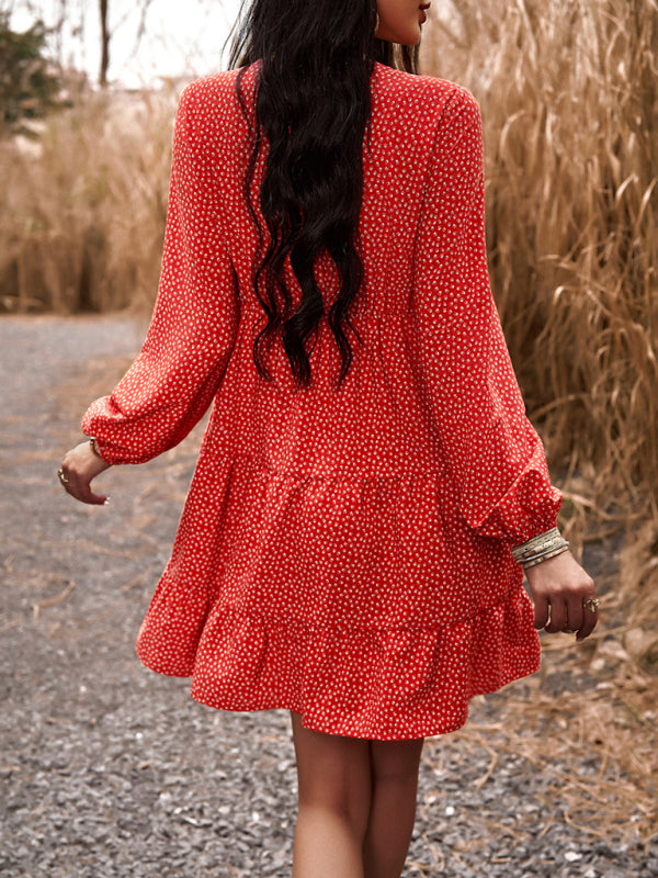 Floral Tiered Lace V-Neck Long Sleeve Flowy Mini Dress Tiered | Chuzko.com