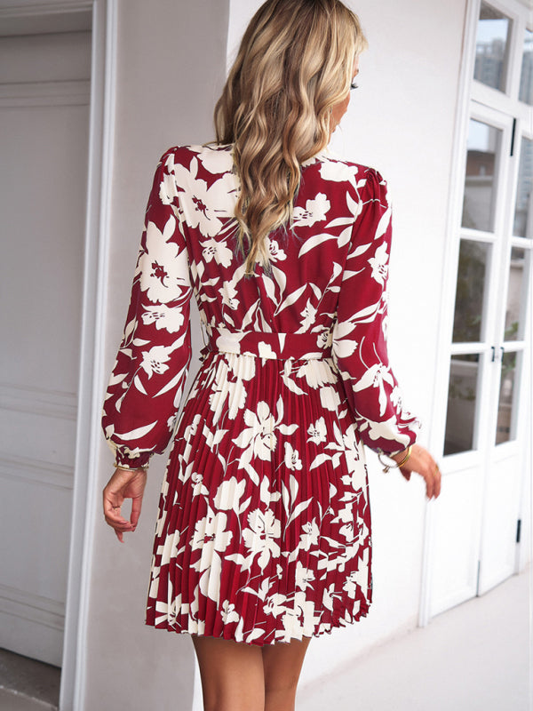 Elegant Floral Pleated Long Sleeve High Neck Mini Dress Cocktail | Chuzko.com