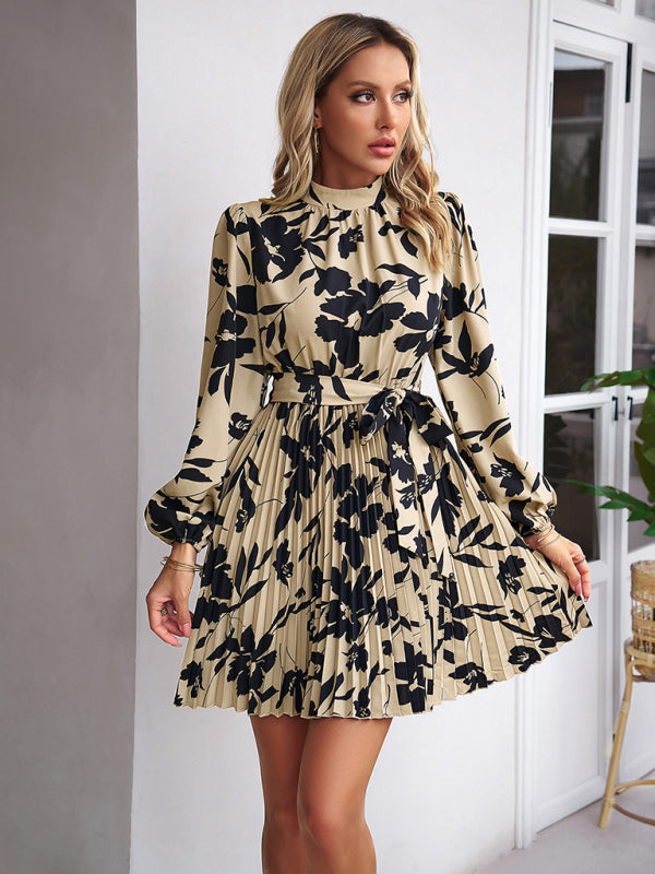 Elegant Floral Pleated Long Sleeve High Neck Mini Dress Cocktail | Chuzko.com