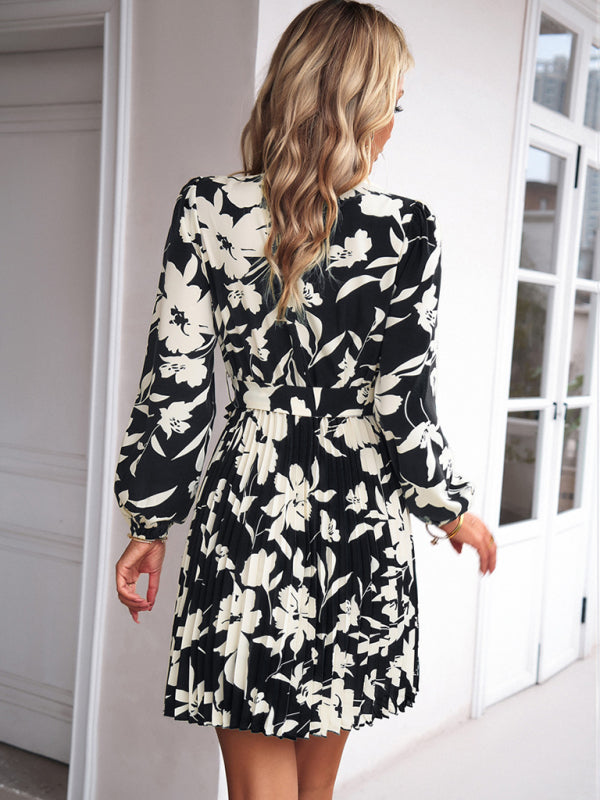 Elegant Floral Pleated Long Sleeve High Neck Mini Dress Cocktail | Chuzko.com