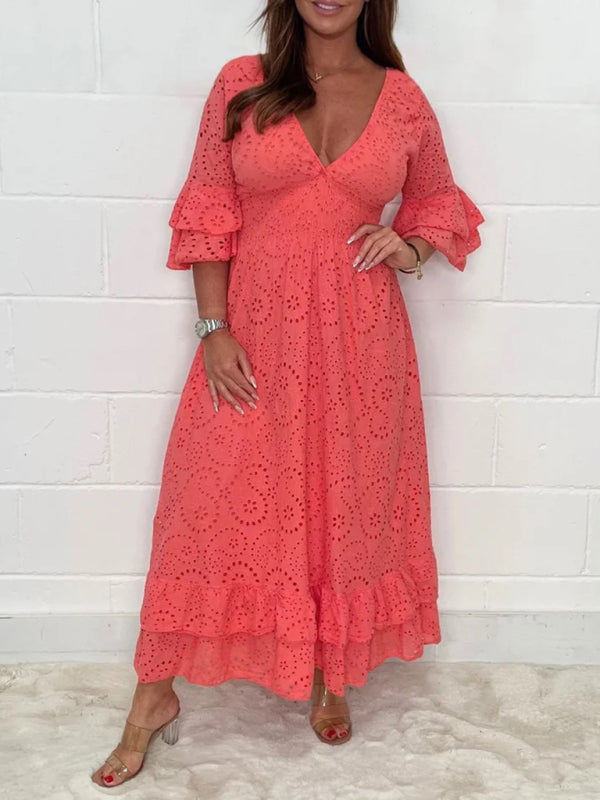 Eyelet Cotton Flared Sleeve Ruffle Hem Maxi Dress Maxi Dresses | Chuzko.com