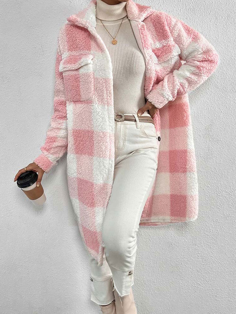 Faux Fur Plaid Longline Coat Jacket Plaid Plush Jackets | Chuzko.com