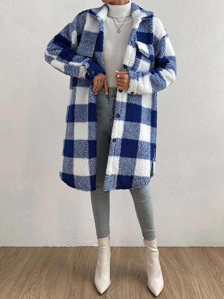 Faux Fur Plaid Longline Coat Jacket Plaid Plush Jackets | Chuzko.com