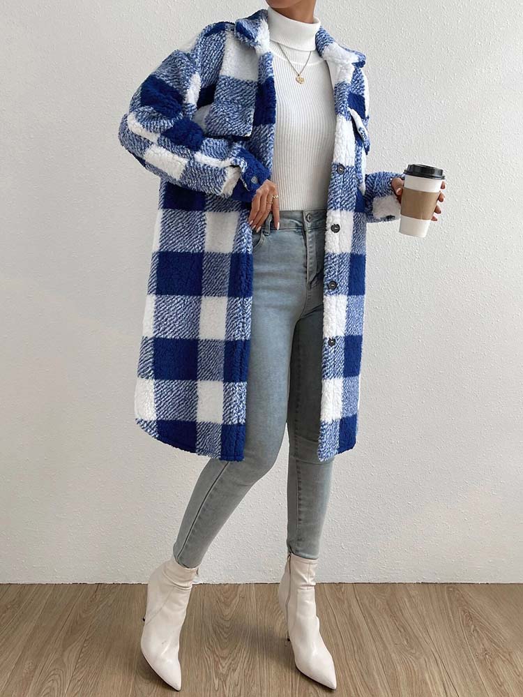 Faux Fur Plaid Longline Coat Jacket Plaid Plush Jackets | Chuzko.com