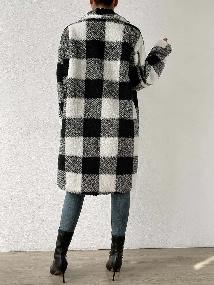 Faux Fur Plaid Longline Coat Jacket Plaid Plush Jackets | Chuzko.com