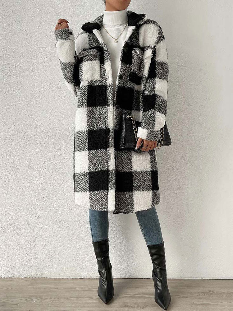 Faux Fur Plaid Longline Coat Jacket Plaid Plush Jackets | Chuzko.com