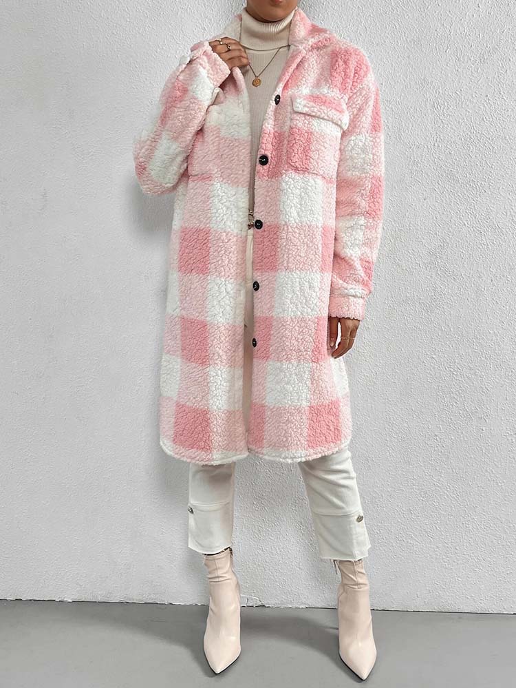 Faux Fur Plaid Longline Coat Jacket Plaid Plush Jackets | Chuzko.com