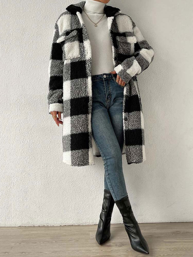 Faux Fur Plaid Longline Coat Jacket Plaid Plush Jackets | Chuzko.com