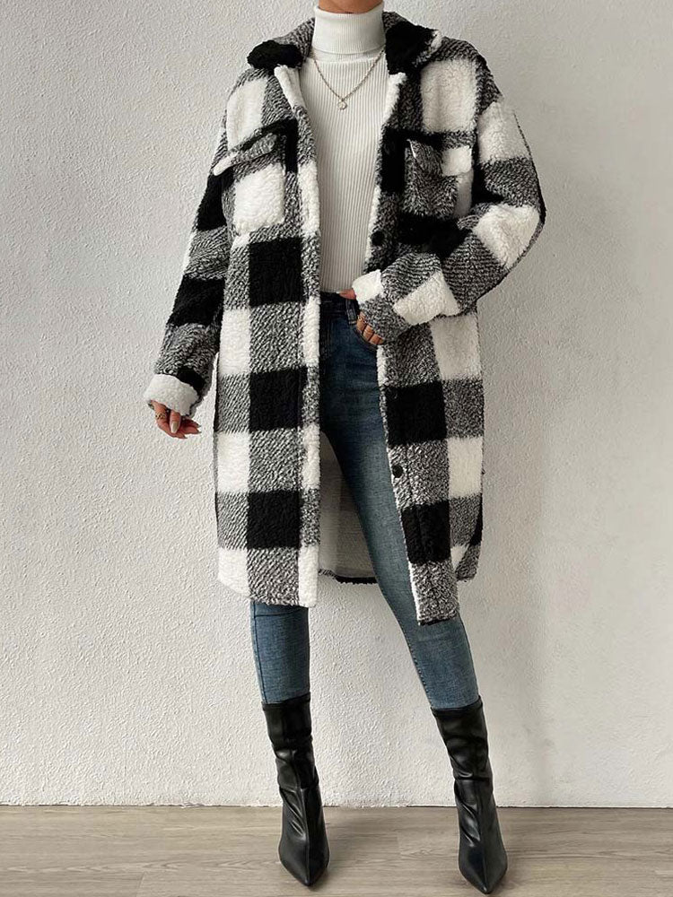 Faux Fur Plaid Longline Coat Jacket Plaid Plush Jackets | Chuzko.com