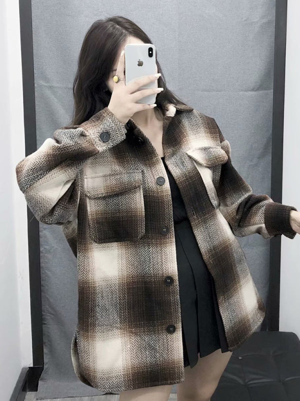 Plaid Woolen Oversized Shirt Jacket Wool Jackets | Chuzko.com