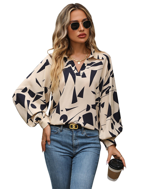 Abstract Print Balloon Sleeve Collar Blouse Blouses | Chuzko.com