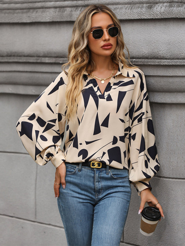 Geo Print Balloon Sleeve Collar Blouse	