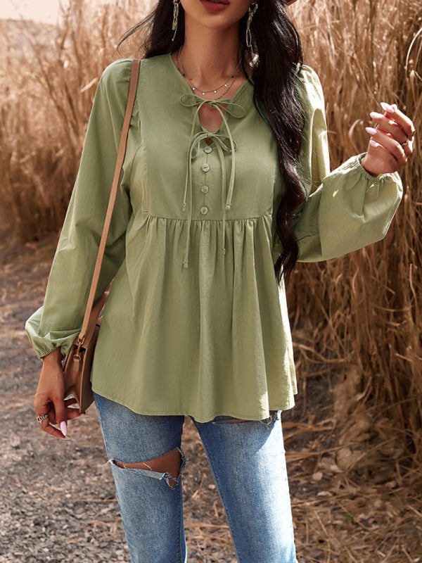 Textured Cotton Lantern Sleeve V-Neck Peplum Blouse Blouses | Chuzko.com