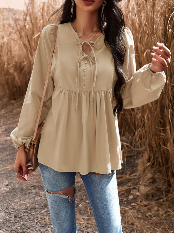 Textured Cotton Lantern Sleeve V-Neck Peplum Blouse Blouses | Chuzko.com