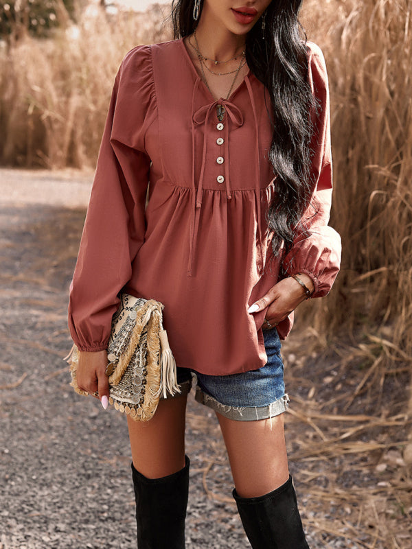 Textured Cotton Lantern Sleeve V-Neck Peplum Blouse Blouses | Chuzko.com