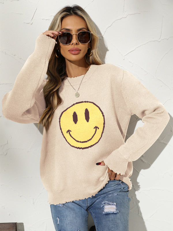 Ripped Knitting Smiley Face Graphic Sweater Sweaters | Chuzko.com