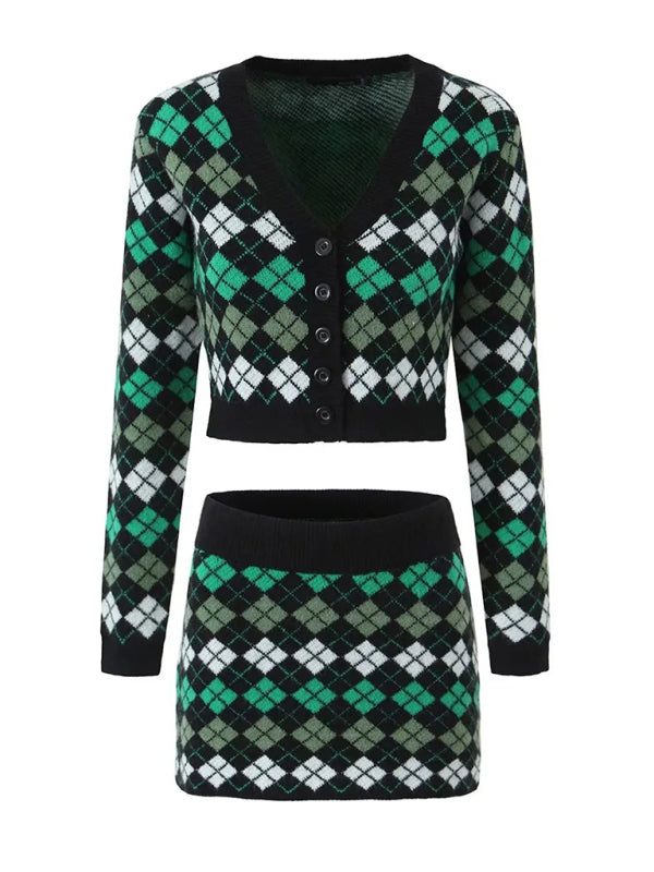 Rhombus Knitted Set Button-Up Crop Sweater and Mini Skirt	