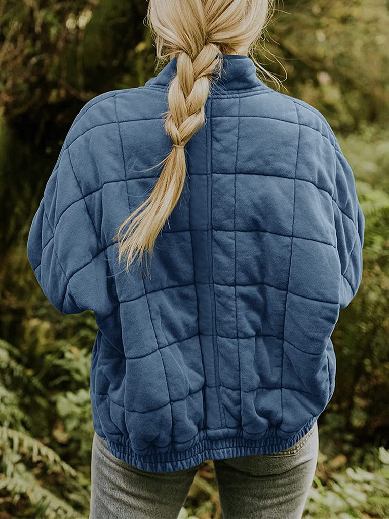 Solid Cotton Blend High Neck Zip-Up Quilted Jacket Quilted | Chuzko.com